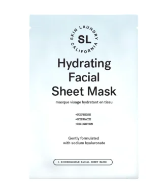A white and light blue single-use pouch of Skin Laundry Hydrating Facial Sheet Mask, featuring the brand logo and product name, with benefits "+REFRESH +HYDRATE +BRIGHTEN" and noting it's "Gently formulated with sodium hyaluronate."