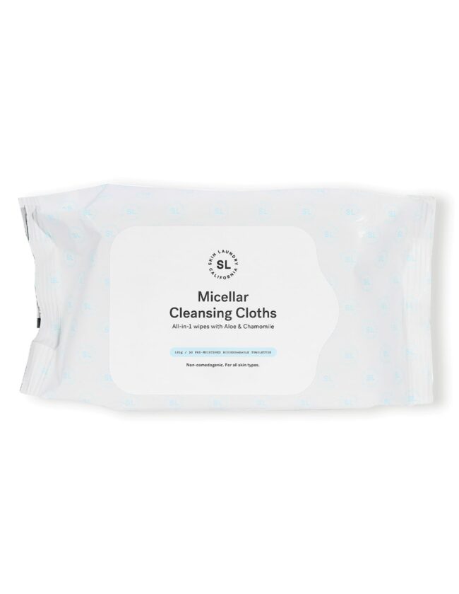 A white resealable pack of Skin Laundry Micellar Cleansing Cloths, featuring the brand logo and product name, indicating "All-in-1 wipes with Aloe & Chamomile," and "Non-comedogenic. For all skin types."