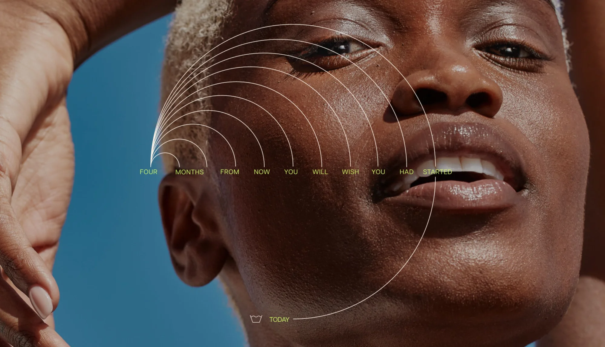 A person with short light-colored hair and dark skin looking up with a radiant expression. Overlaid text reads, "FOUR MONTHS FROM NOW YOU WILL WISH YOU HAD STARTED TODAY," with lines radiating from the face.